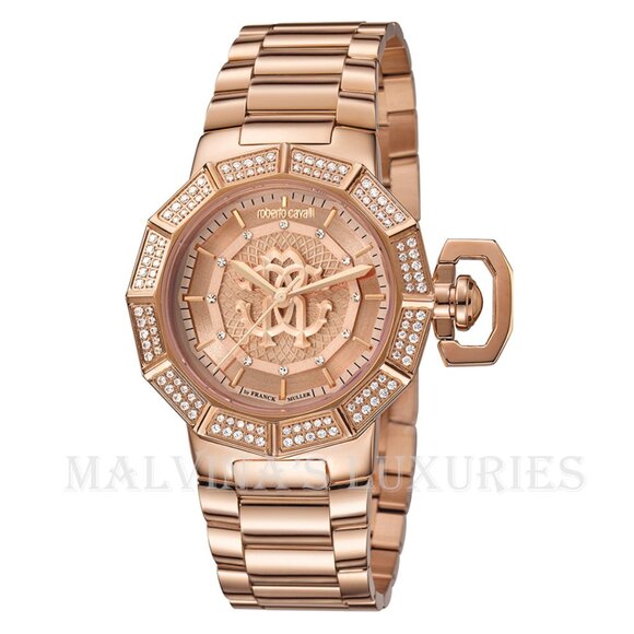 ROBERTO CAVALLI WATCH by FRANCK MULLER 34mm ROSE GOLD TONE LOGO CRYSTALS - Picture 1 of 3